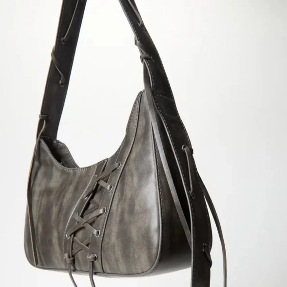 Laced-Up Detail Shoulder Bag Distressed Black - Picture 2 of 6